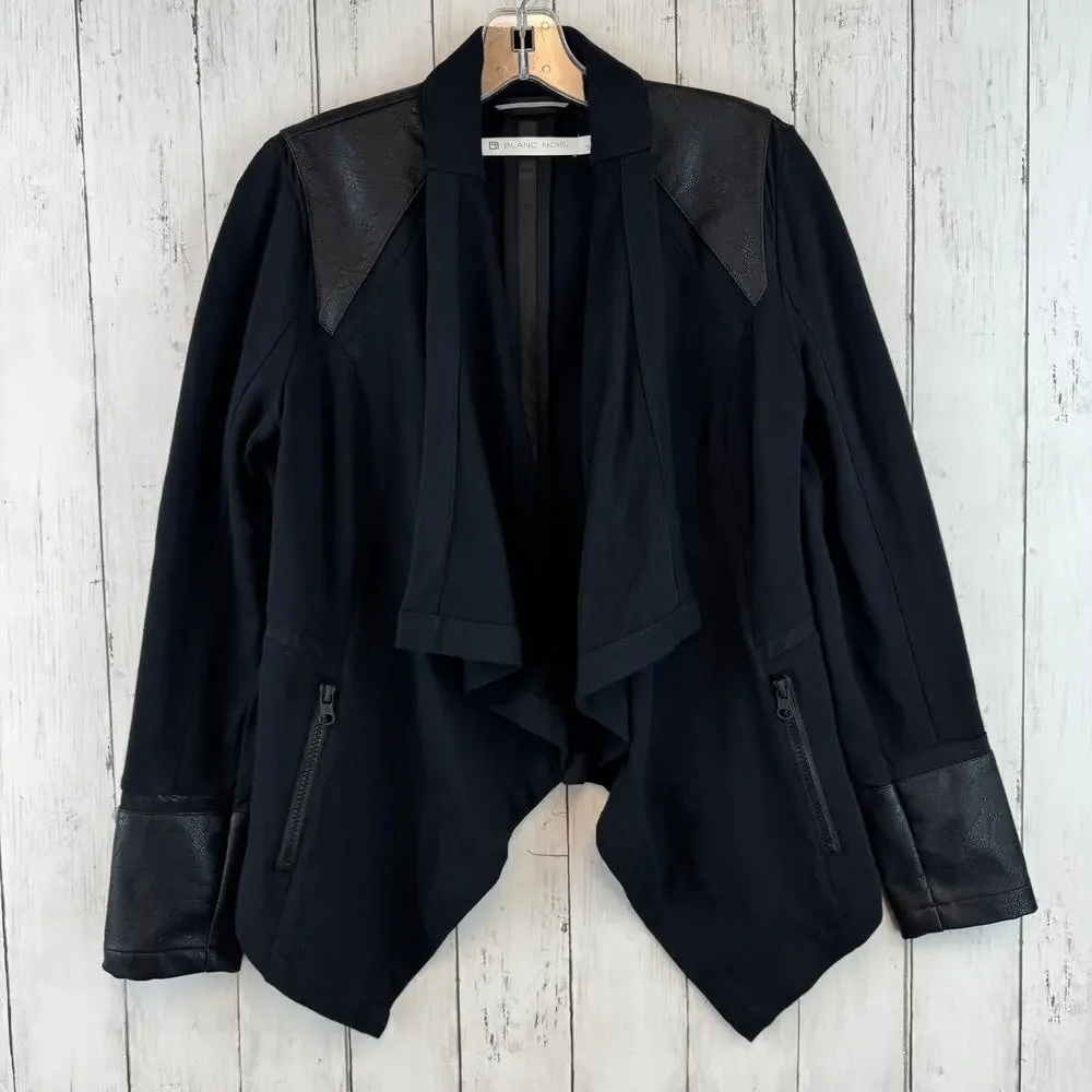 Blanc Noir Black Faux Leather Stretch Cotton Moto Jacket Mesh Accent Size Small
